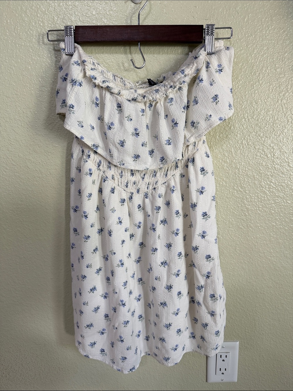 American Eagle Outfitters White Strapless Dress with Blue Floral Print